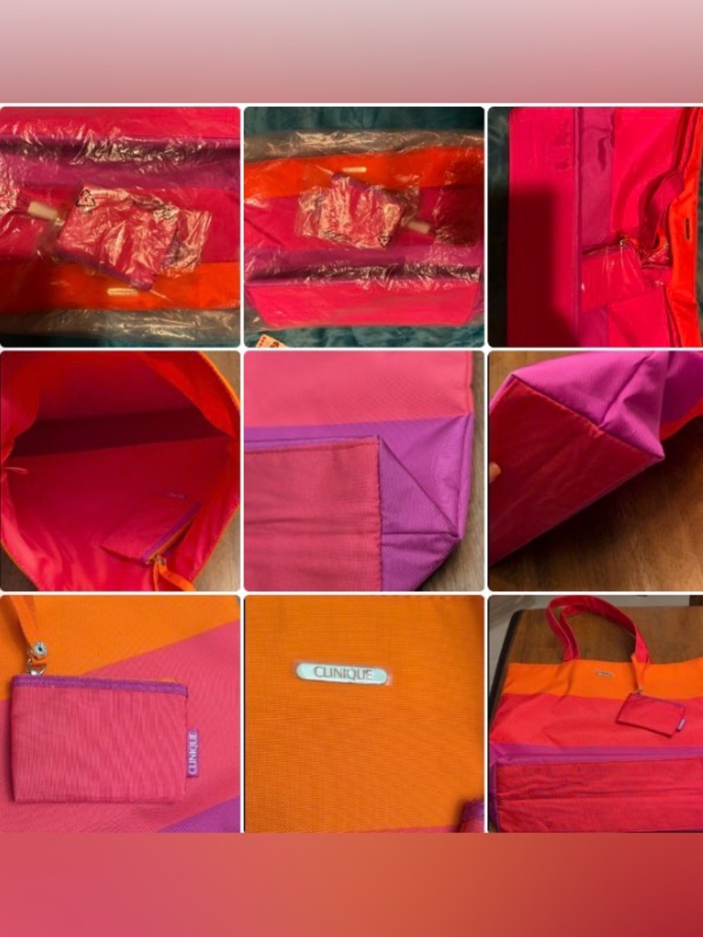 Clinique Orange and Pink Tote Bag 17"x13" NWOT